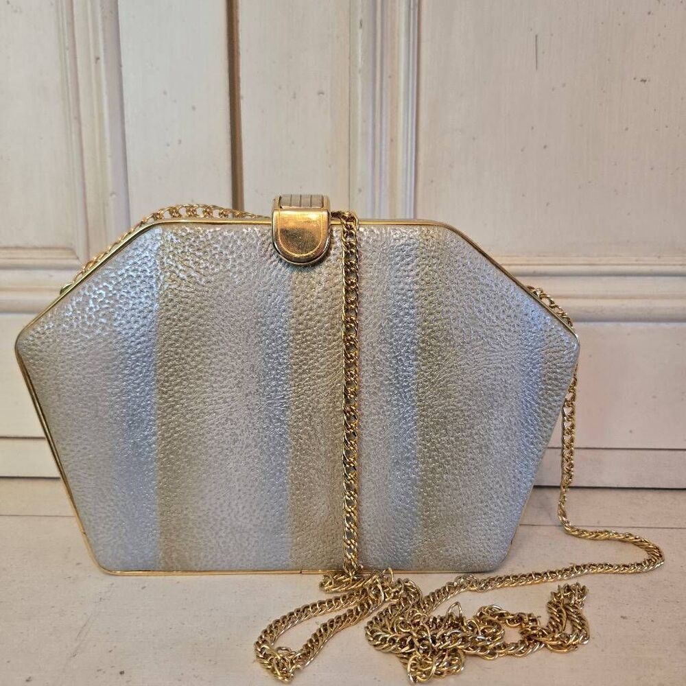 Vintage Captiva Gold Silver Evening Bag Long Gold Chain